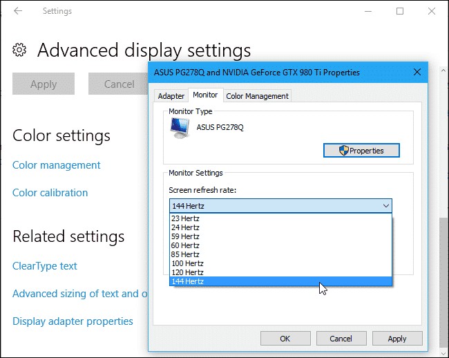 Check your monitor setting to visualize if it supports 144Hz